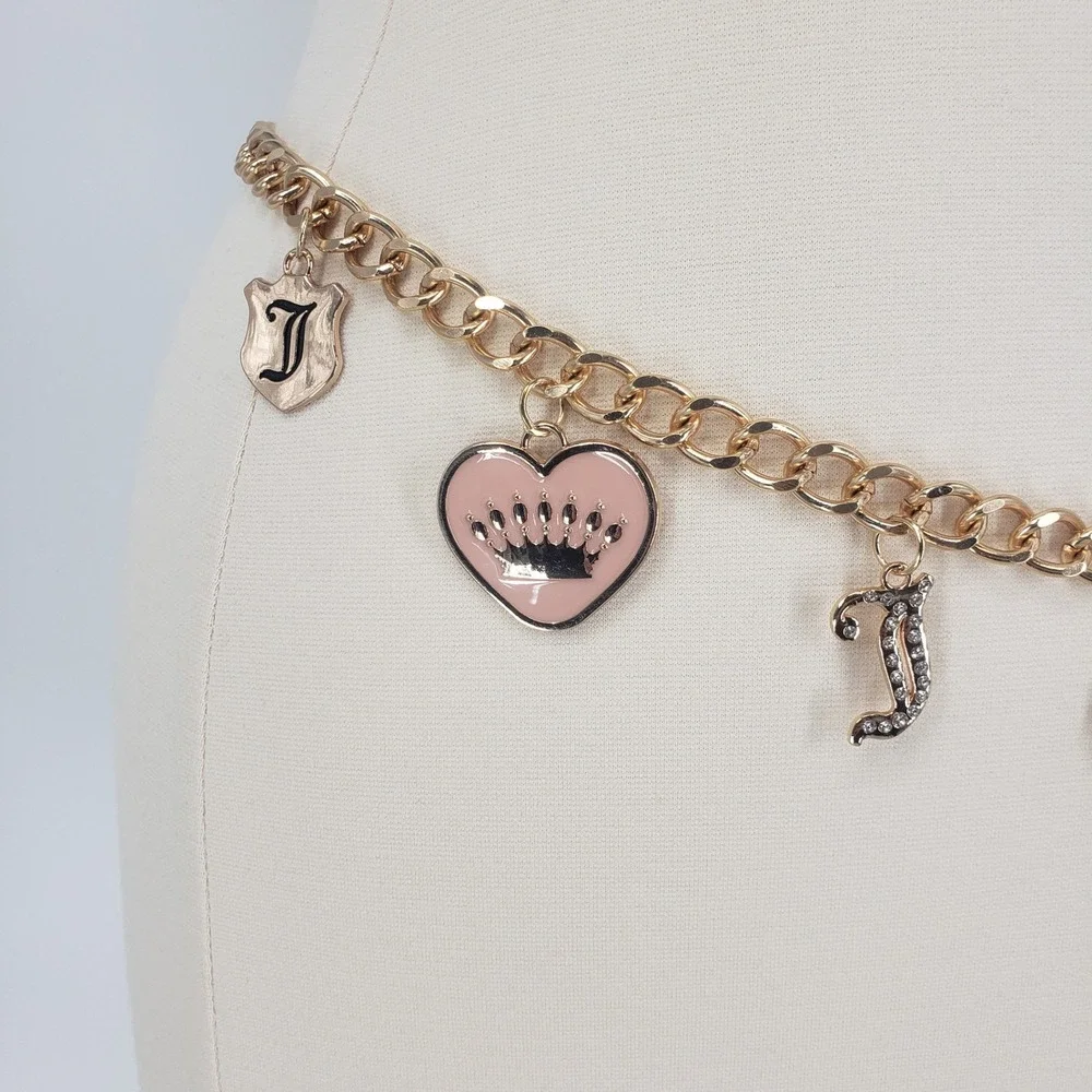 Juicy Couture Charm Chain Belt Women 1X Gold Pink Heart Crown Bee Y2K Rhinestone